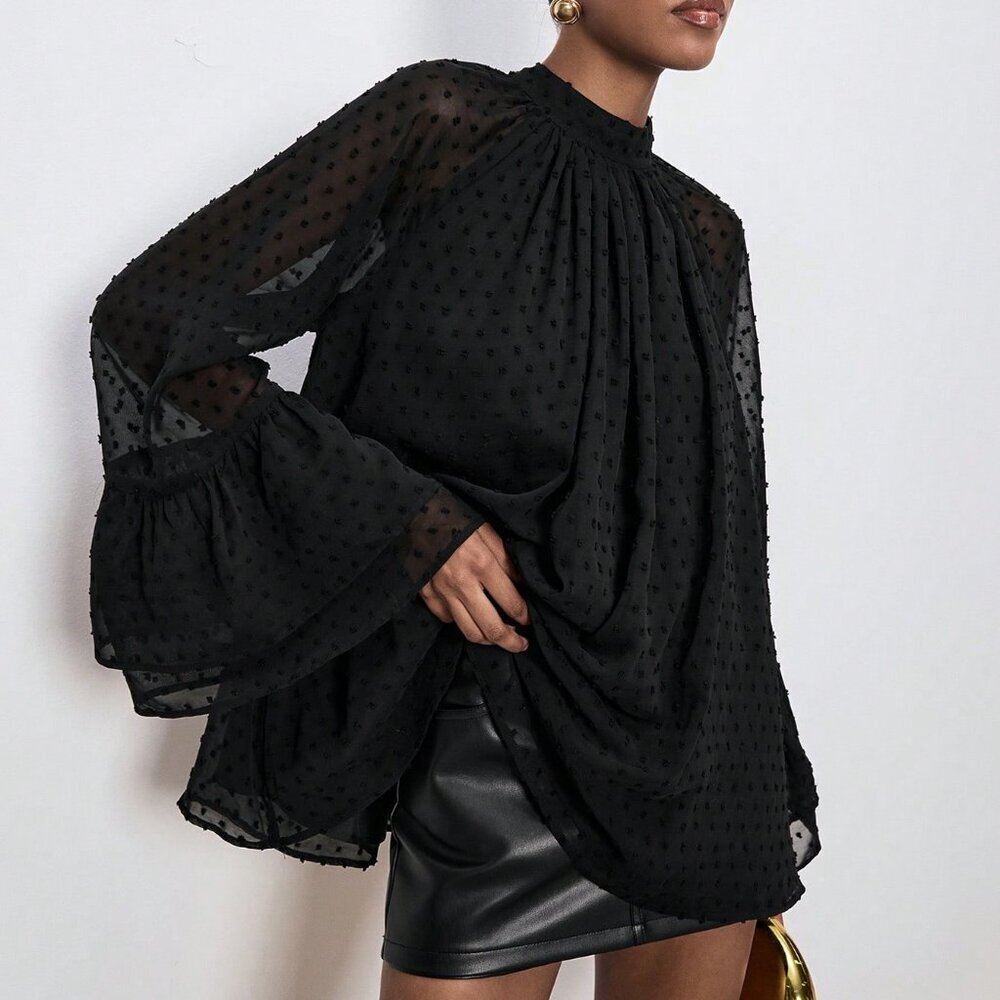 Black Casual Women's Polka Dot Long-Sleeved Blouse with Ruffles